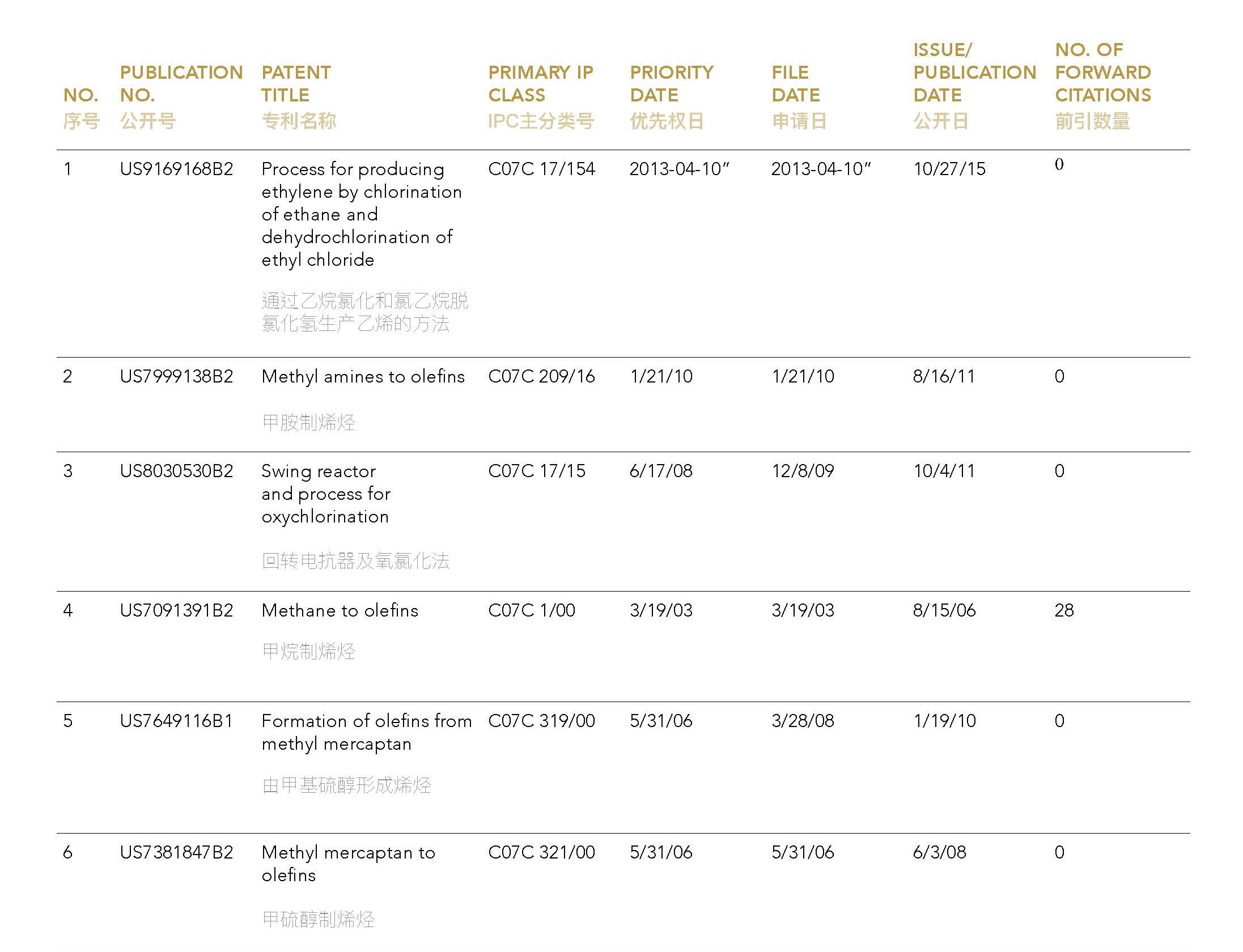 Olefins/Ethylene Production Process Lot Asset List from Ocean Tomo | Ocean Tomo的烯烃/乙烯制造工艺专利包资产列表