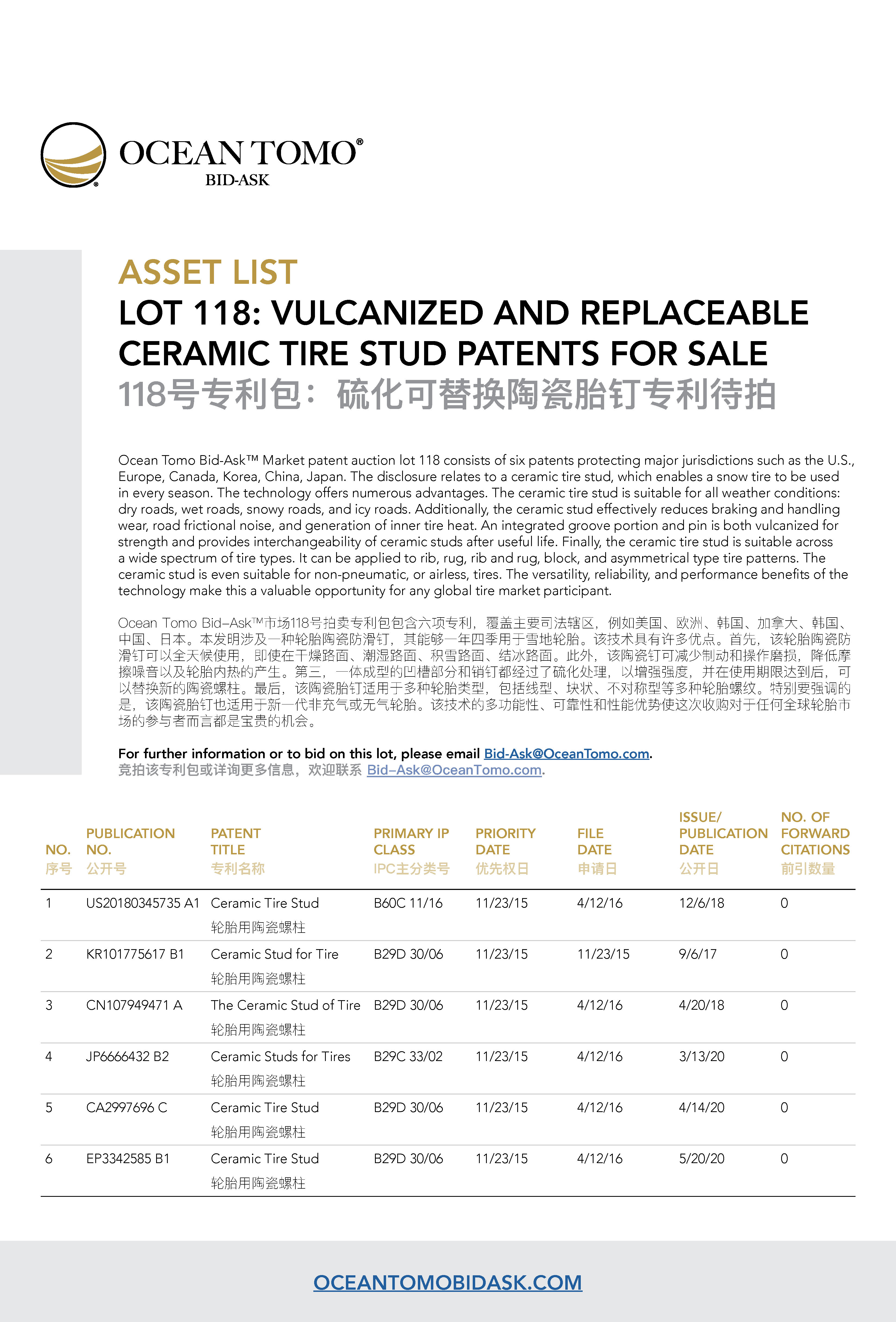 Vulcanized and Replaceable Ceramic Tire Stud Lot Asset List from Ocean Tomo | Ocean Tomo的硫化可替换陶瓷胎钉专利包资产列表