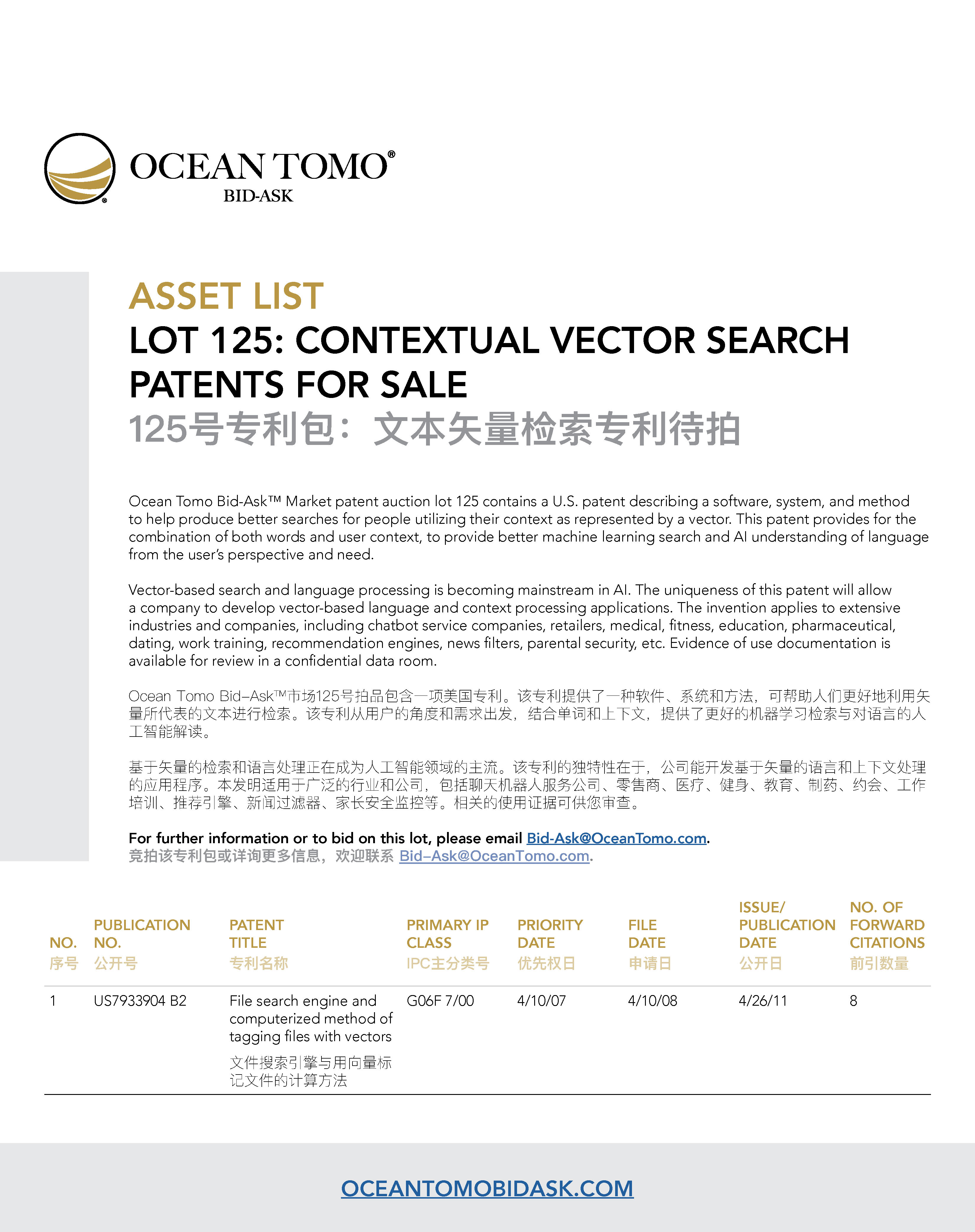 Contextual Vector Search Lot Asset List from Ocean Tomo | Ocean Tomo的文本矢量检索专利包资产列表
