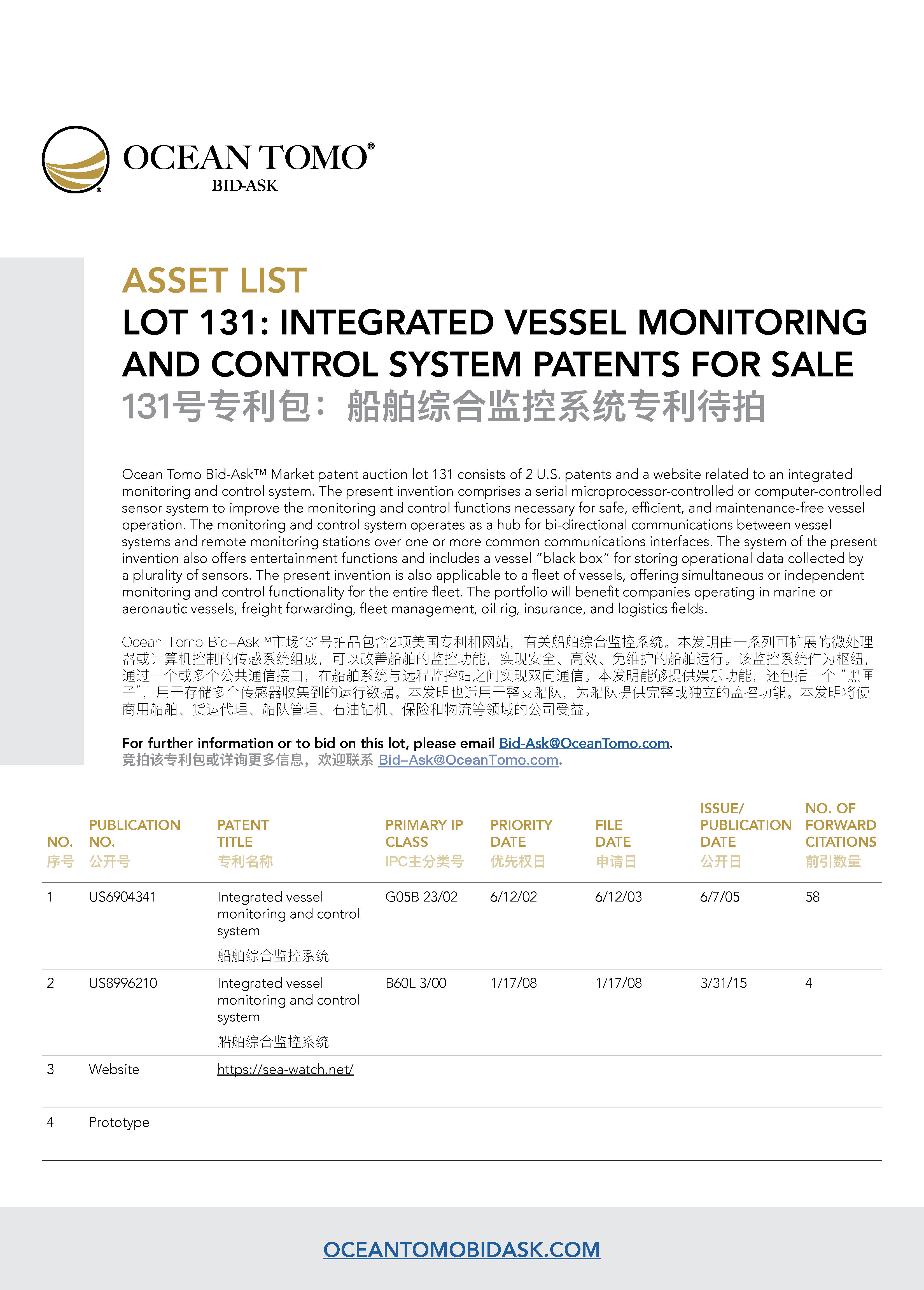 Integrated Vessel Monitoring and Control System Lot Asset List from Ocean Tomo | Ocean Tomo的船舶综合监控系统专利包资产列表