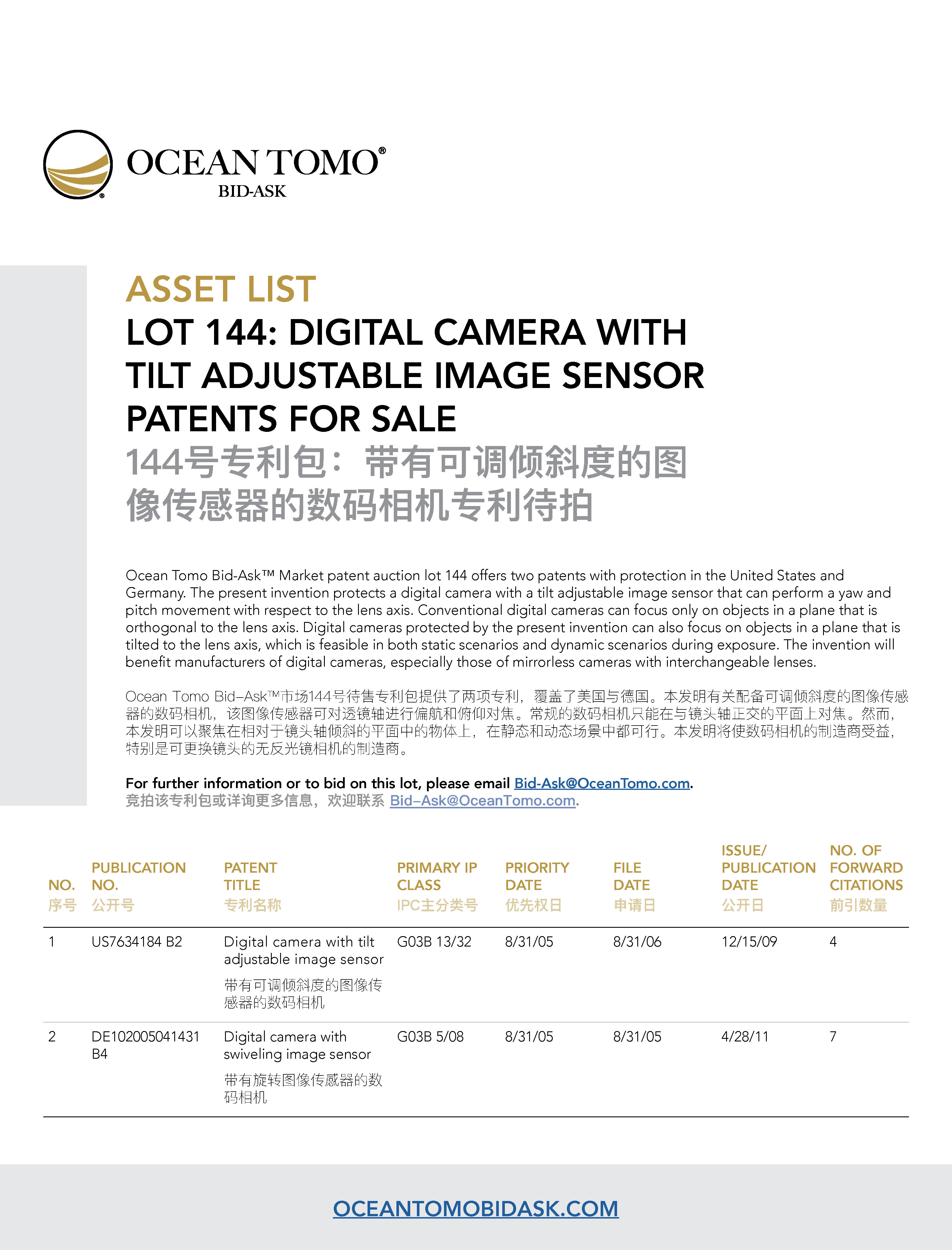 Digital Camera with Tilt Adjustable Image Sensor Lot Asset List from Ocean Tomo | Ocean Tomo带有可调倾斜度的图像传感器的数码相机专利包资产列表