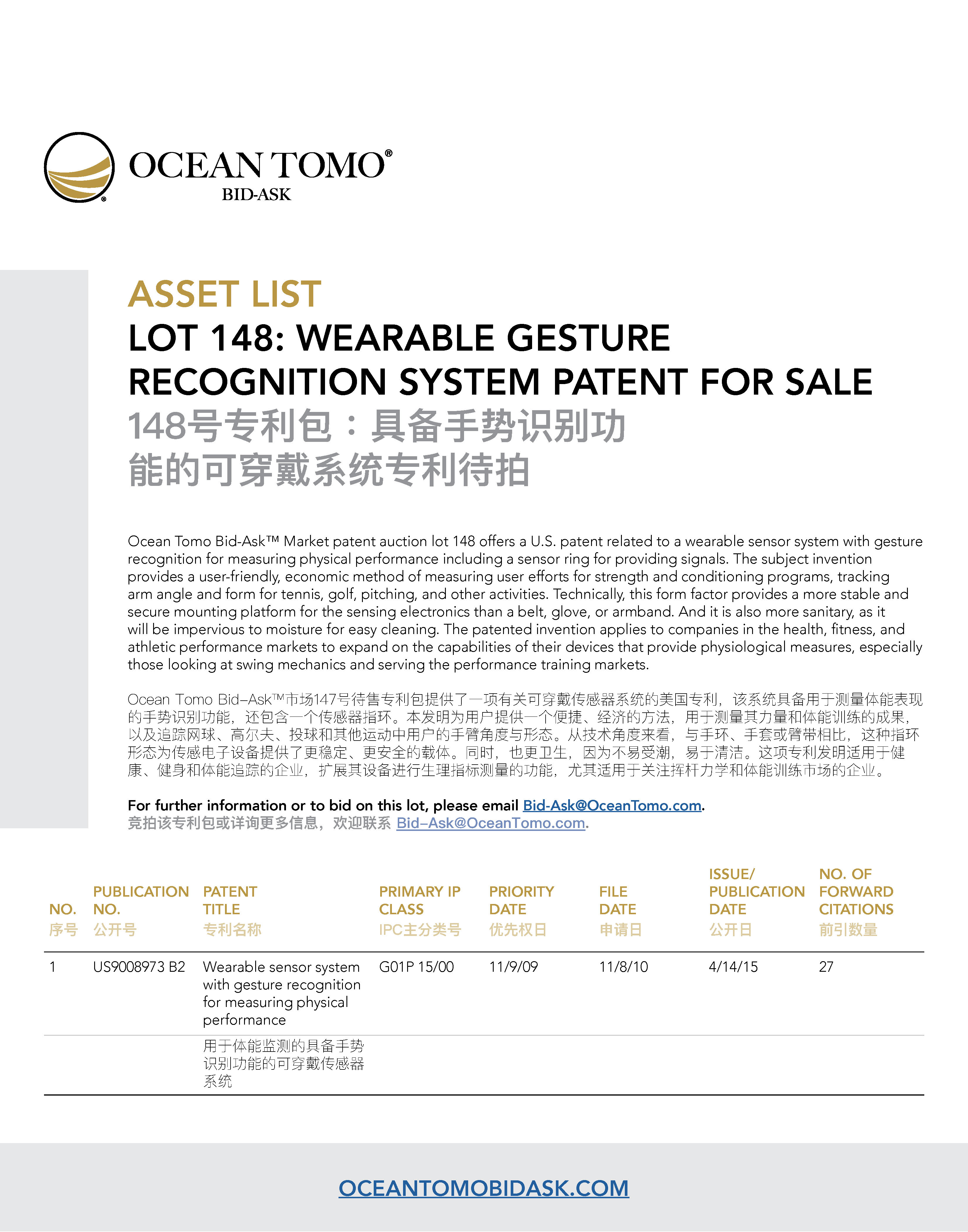 Wearable Gesture Recognition System Lot Asset List from Ocean Tomo | Ocean Tomo的具备手势识别功能的可穿戴系统专利包资产列表