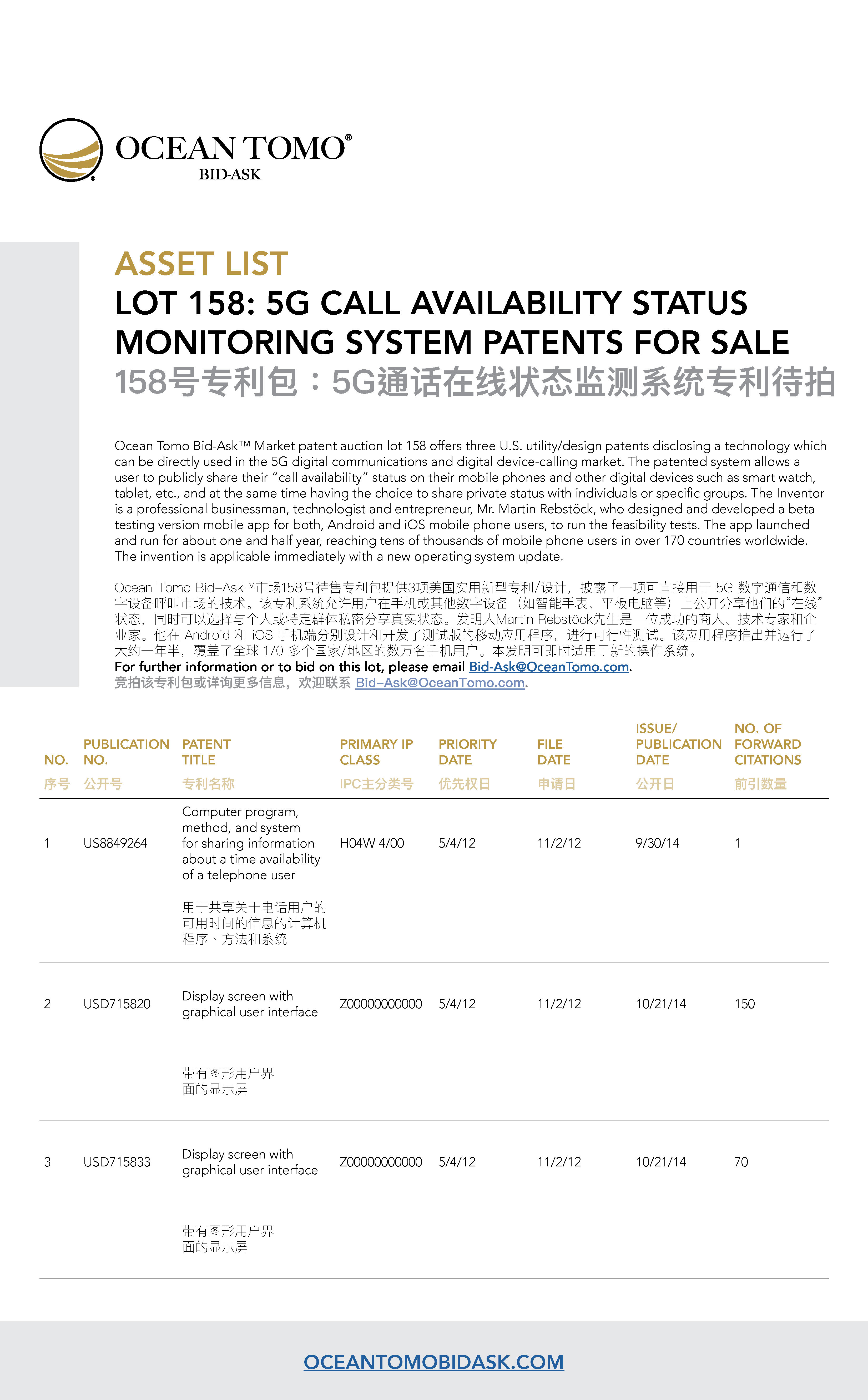 5G Call Availability Status Monitoring System Patents Lot Asset List from Ocean Tomo | Ocean Tomo的5G通话在线状态监测系统专利包资产列表