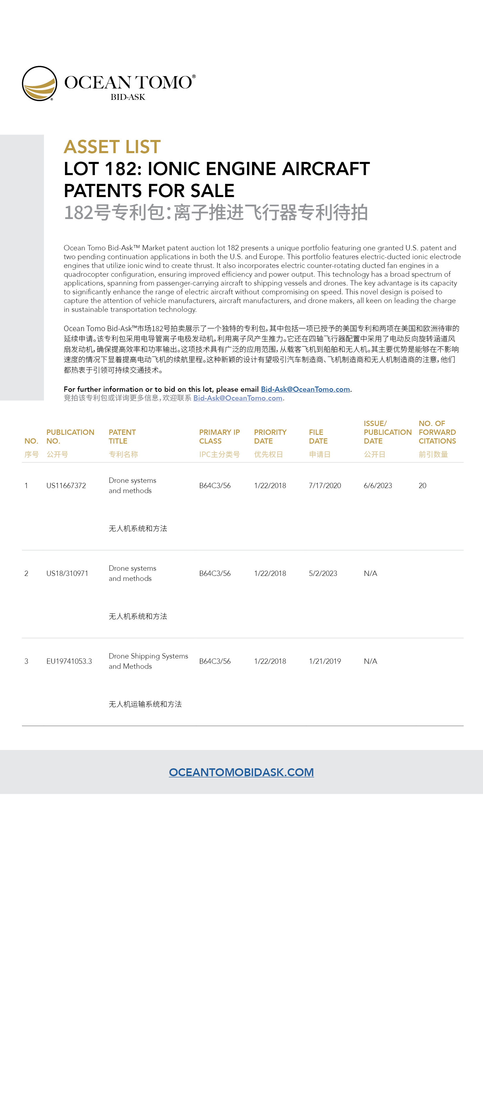 Ionic Engine Aircraft Patents Lot Asset List | 离子推进飞行器专利包资产列表